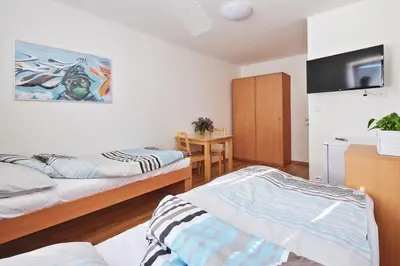 a bedroom with two beds and a tv on the wall at Apartmány Ubytování Alfa in Prague