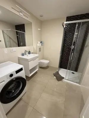 a bathroom with a washing machine and a toilet at Apartment with garage for 4 people in Prague