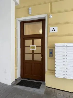 a wooden door on the side of a building at Apartment with garage for 4 people in Prague
