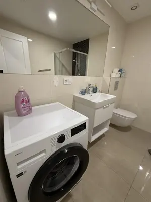 a bathroom with a washing machine and a sink at Apartment with garage for 4 people in Prague