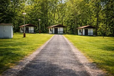 a dirt road leading to two cottages in a park at Autocamp Kosmonosy in Mladá Boleslav