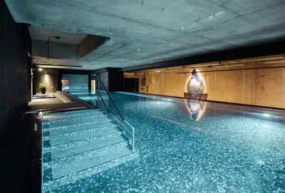 a swimming pool with stairs and a boat in it at Luxury 3-room apartment with swimming pool - Modřany in Prague