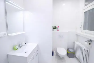 a white bathroom with a sink and a toilet at Cozy Apartment in the heart of Prague in Prague