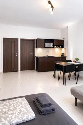 a living room with a table and a kitchen at Cozy Apartment in the heart of Prague in Prague