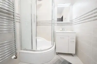 a white bathroom with a shower and a sink at Cozy Apartment in the heart of Prague in Prague