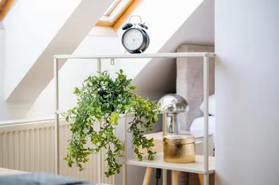 a white shelf with a clock and a plant at Sky Loft near Center 220m, AC, PS5, Free Parking in Prague