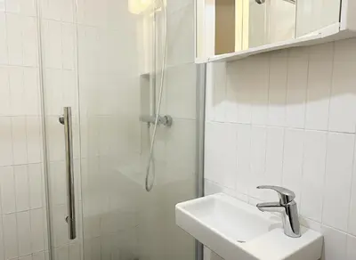 a white bathroom with a shower and a sink at Bright Apartment near Main Station in Prague