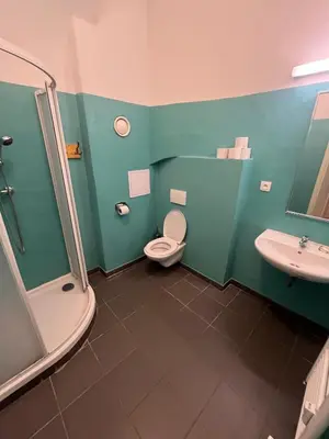 a bathroom with a shower and a toilet and a sink at Artillery Barracks Accommodation in Terezín
