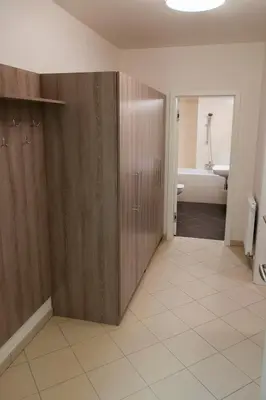 a bathroom with a shower and a toilet and a sink at Limes Apartments in Prague