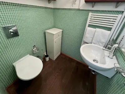 a bathroom with a white toilet and a sink at Opatovicka Central Living in Prague