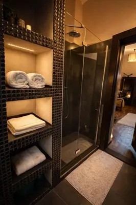 a walk in shower in a bathroom with towels and a glass showeroser at Cozy Private Studio for Couples & Solo Travelers in Prague