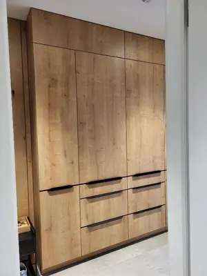 a closet with wooden doors in a room at PRAHA 5, apartmán PECHLÁTOVA - BAZÉN, PARKOVÁNÍ V DOMĚ in Golčŭv Jeníkov