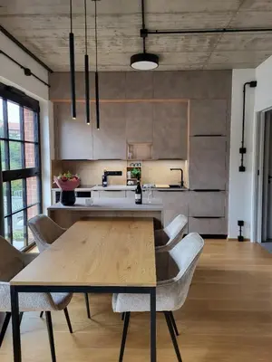 a kitchen with a wooden table and chairs at PRAHA 5, apartmán PECHLÁTOVA - BAZÉN, PARKOVÁNÍ V DOMĚ in Golčŭv Jeníkov