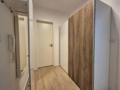a hallway with a wooden door in a room at Elegant City Apartment with Balcony near Center in Prague