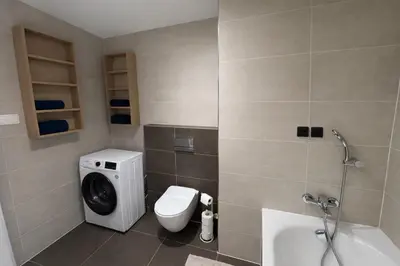 a bathroom with a toilet and a washing machine at Stylish Studio with Private Hot Tub & Terrace in Prague