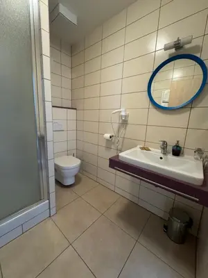 a bathroom with a toilet and a sink and a mirror at Sport hotel Sletiště in Kladno