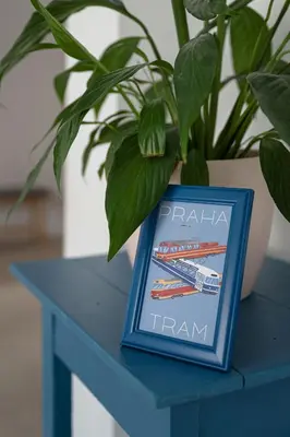 a blue table with a plant and a book on it at Tichý byt blízko Pražského hradu in Prague
