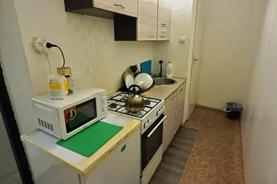 a small kitchen with a microwave and a stove at Prague Family Guest House - Rooms with shared bathroom in Prague