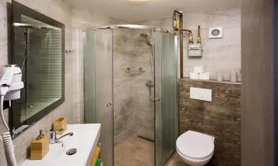 a bathroom with a shower and a toilet and a sink at Flying Bed Apartment close to Prague Castle and Airport in Prague