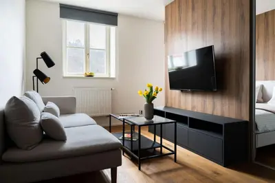 a living room with a couch and a tv on a wall at Modern Studio in Karlin - Fully Equipped in Prague