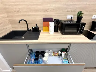 a kitchen counter with a sink and a microwave at MiSTO 16 in Prague