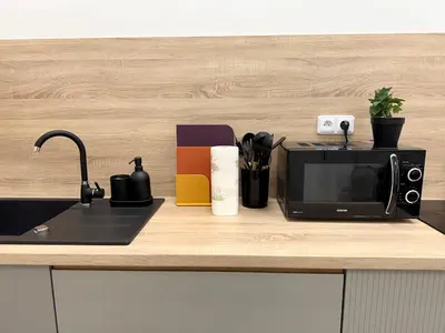 a kitchen counter with a microwave and a sink at MiSTO 16 in Prague