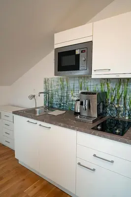 a white kitchen with a sink and a microwave at Stylish Studio in the Heart of Prague in Prague