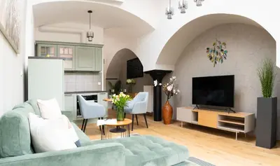 a living room with a couch and a tv at Nusle Brewery Design Apartment in Prague