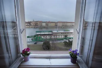 an open window with two potted flowers on a window sill at Spectacular Riverview apartment in Prague