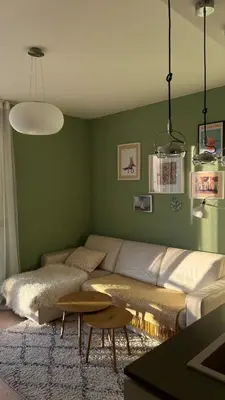a living room with a couch and a green wall at Riverside serenity Modern apartment with sunset views in Prague