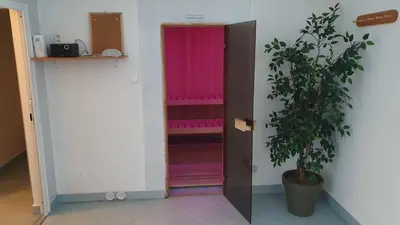 a room with a plant and a pink closet at Wellness resort Kytra in Slavětín