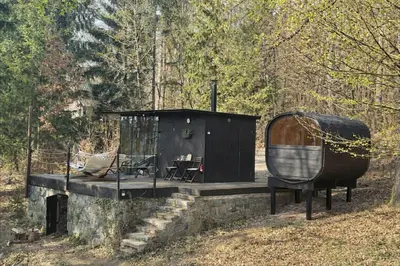 a cabin in the woods with a table and chairs at Tinyhouse Veranda