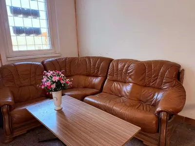 a brown leather couch and a table with flowers on it at Ubytovna u Maiky in Libochovice