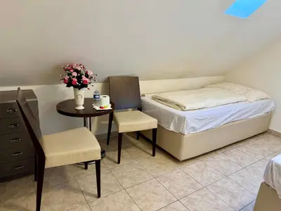 a bedroom with a bed and a table with a chair at Ubytovna u Maiky in Libochovice
