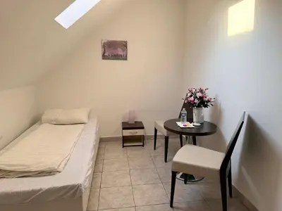 a small room with a bed and a table with flowers at Ubytovna u Maiky in Libochovice