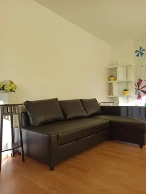 a black couch in a living room at Spacious apartment with garden and private parking in Prague
