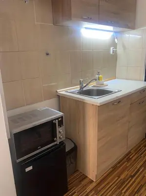 a small kitchen with a sink and a microwave at Prague Old Town Apartment Benediktska 6 in Prague