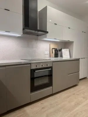 a kitchen with stainless steel appliances and white cabinets at Design apartment in Prague 6 in Prague
