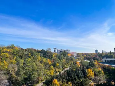 an autumn view of a city and a highway at Apartment Lupáčova in Prague