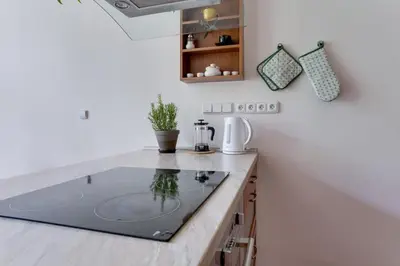 a kitchen with a counter top with a sink at Charming 2BR Garden Views in Historic Vinohrady in Prague
