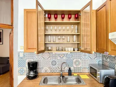 a kitchen with wooden cabinets and a sink at Spacious 2BR in Historical Vinohrady in Prague