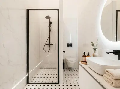 a bathroom with a shower and a sink at TurnKey I Grand 5-Bedroom Apartment with Balcony near Wenceslas Square in Prague