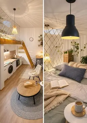 two pictures of a bedroom with a bed and a table at Garden Studio in Prague