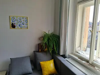 a living room with a couch and a window at Cosy place in Prague 2 Vinohrady in Prague