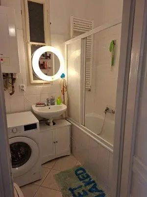 a bathroom with a sink and a washing machine at Cosy place in Prague 2 Vinohrady in Prague