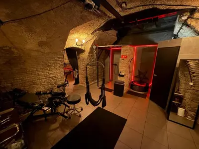 a room with a music room with a brick wall at Playroom Prague Karlín in Prague