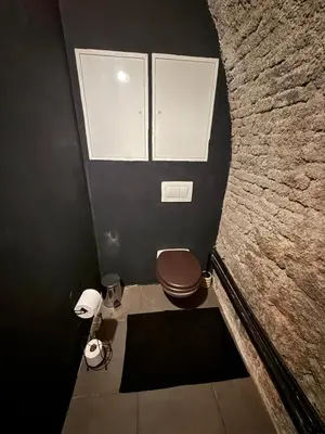 a small bathroom with a toilet and a window at Playroom Prague Karlín in Prague