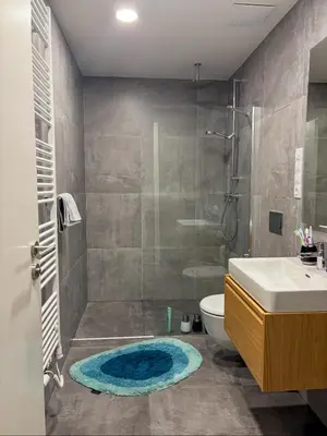 a bathroom with a shower and a toilet and a sink at Viktorka in Prague