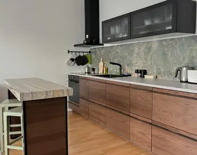a kitchen with wooden cabinets and a counter top at Viktorka in Prague