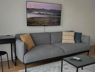 a living room with a gray couch and a table at Viktorka in Prague